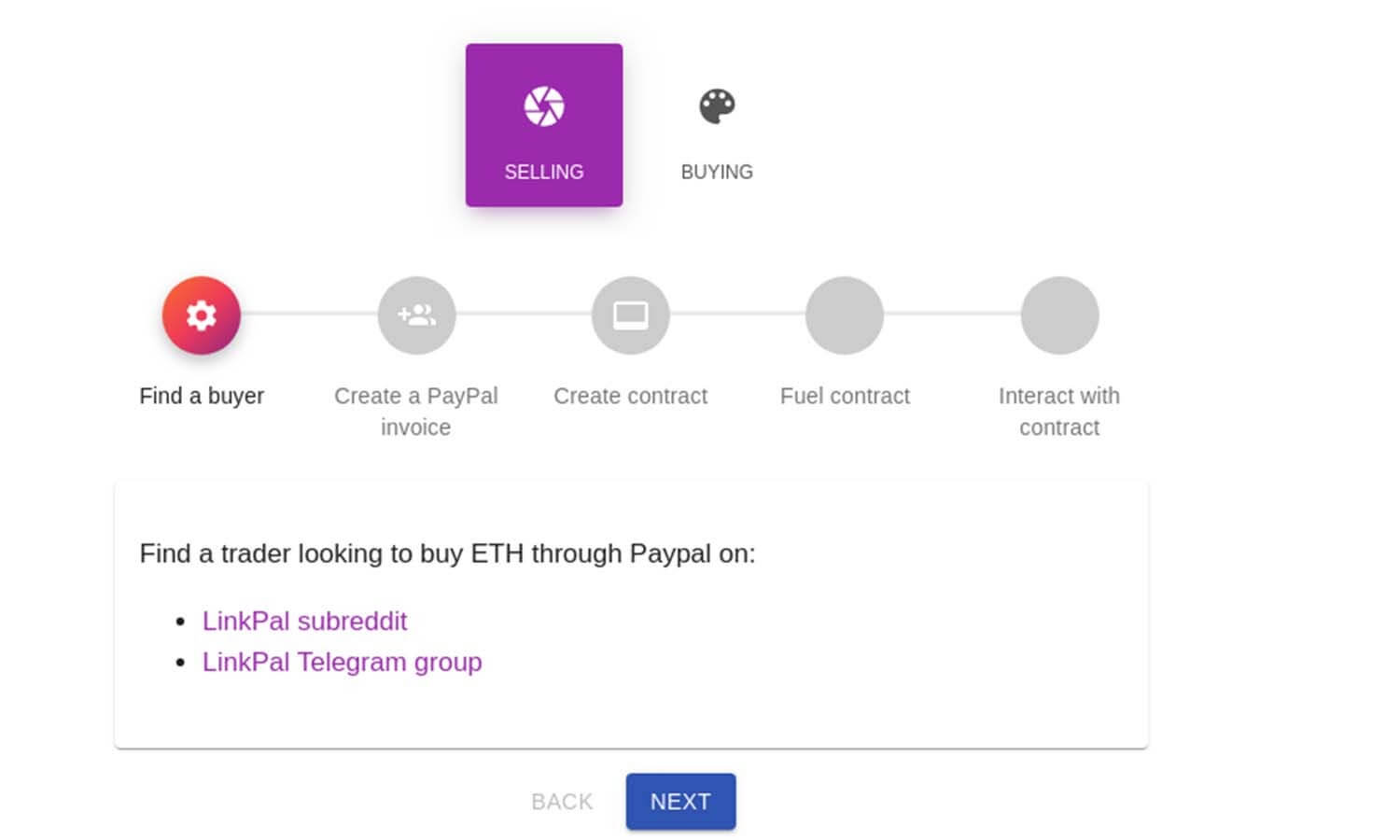 The initial LinkPal dashboard showcasing the 5 steps to complete a transaction