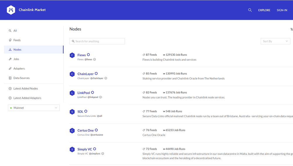 The Chainlink Market allows users to filter through Chainlink Network data, such as feeds, nodes, jobs, adapters, data sources, and more.