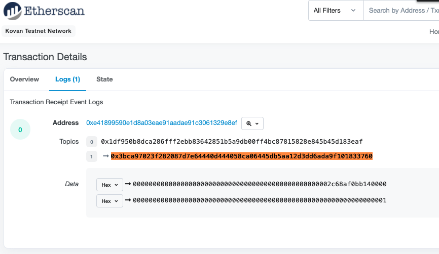 Example of a submitted transaction on the Kovan Network Etherscan.