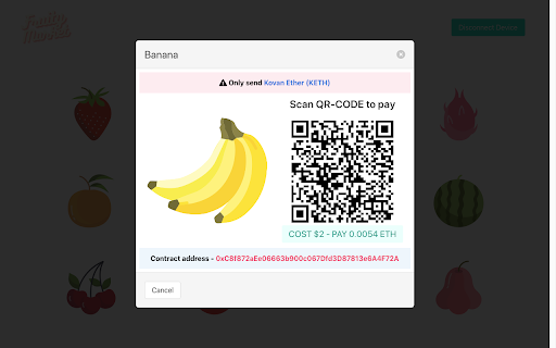 A payment screen using the Ethereum Kovan test network.