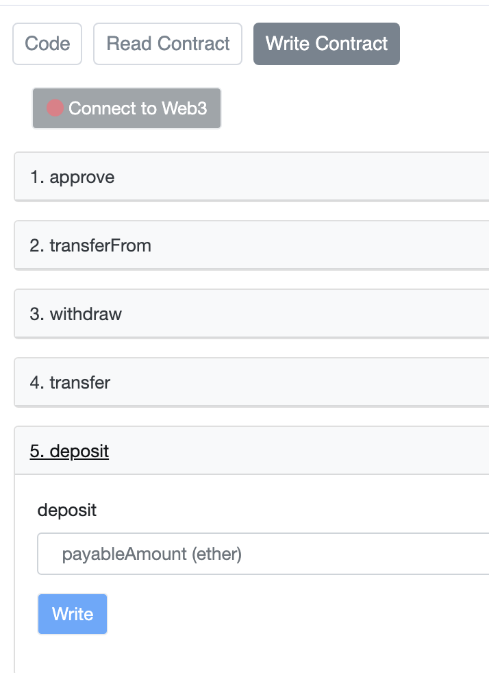 Showing the deposit function on Etherscan.