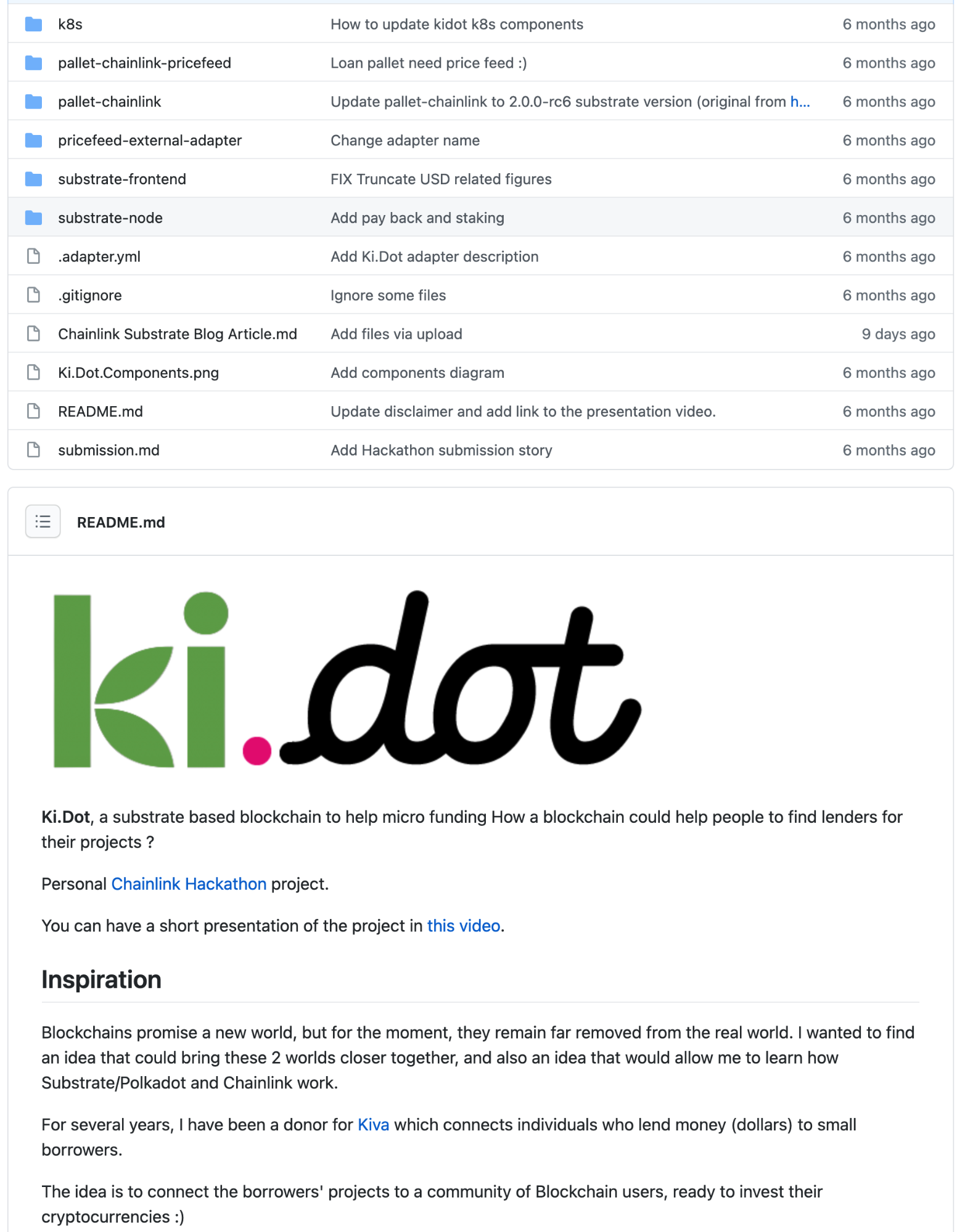 Ki.Dot, runner-up prize winner in the 2020 Chainlink Virtual Hackathon had a clean repository and well-presented README.
