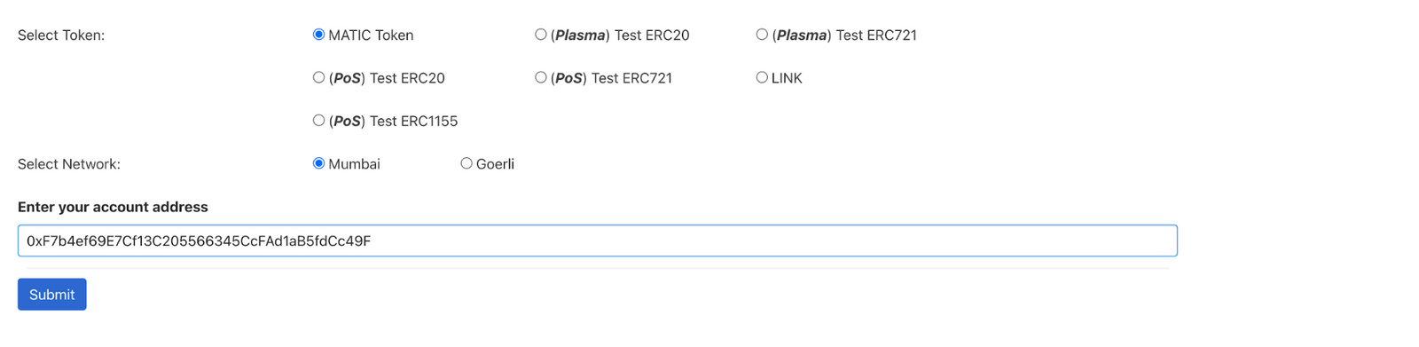 A picture showing how to obtain MATIC and LINK from the Mumbai testnet