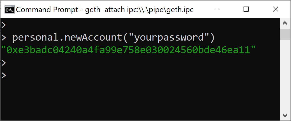 Screenshot showing the output of personal.newAccount("yourpassword")