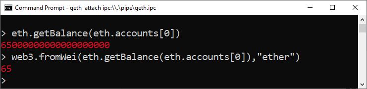 Screenshot of the result of running web3.fromWei(eth.getBalance(eth.accounts[0]),ether)