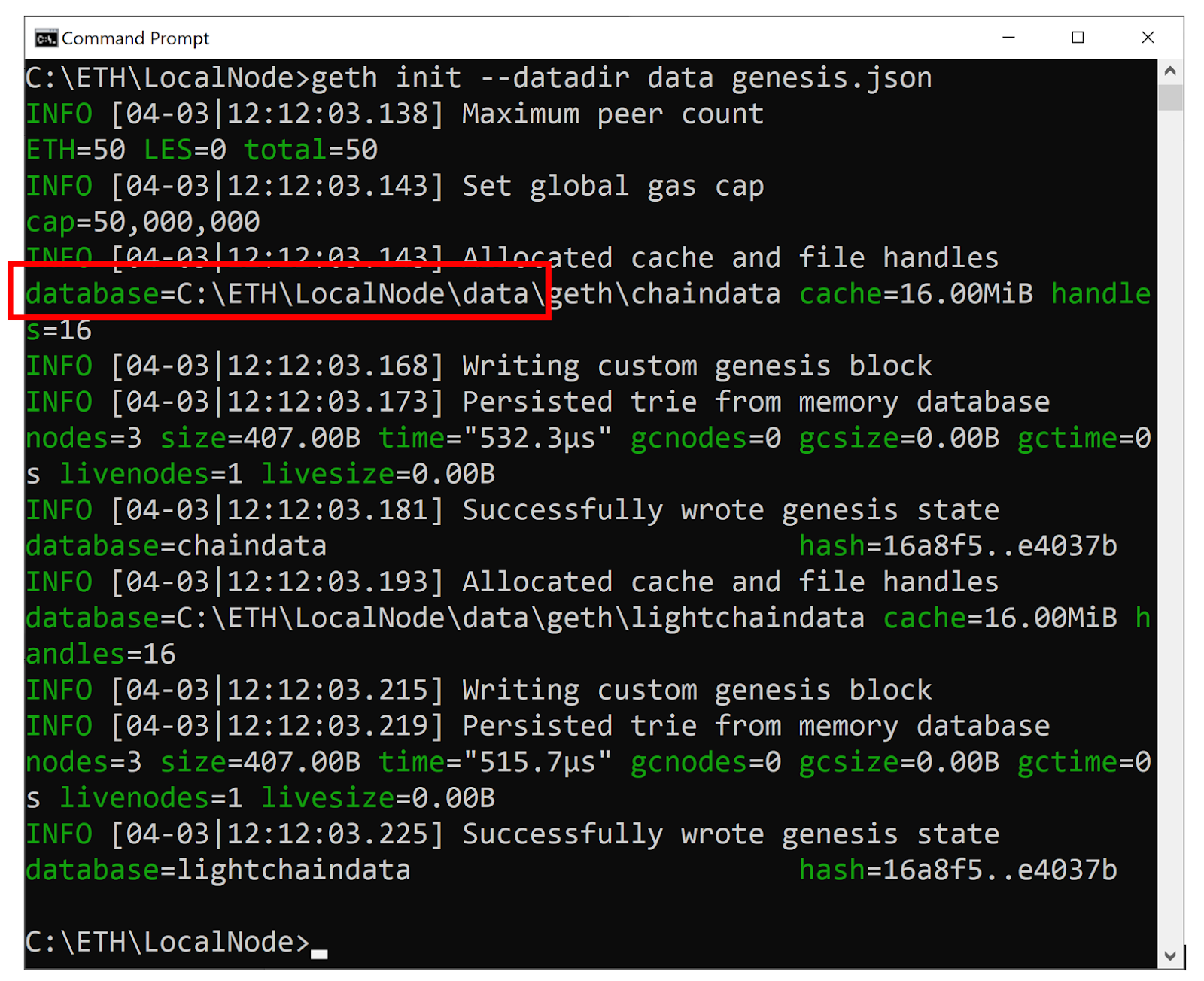 Screenshot of the result of running geth init