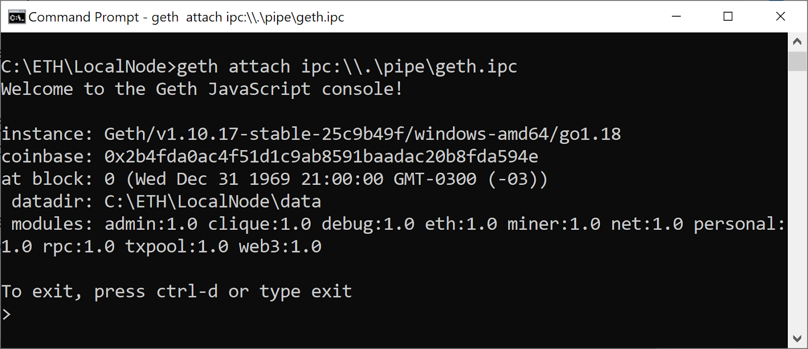 Screenshot of the output of geth attach ipc:\\.\pipe\geth.ipc