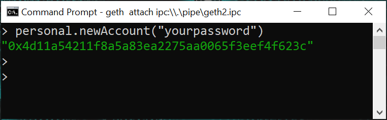 Screenshot of the output of personal.newAccount("yourpassword")