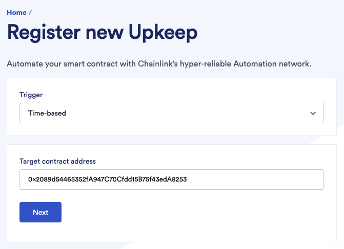 Screenshot showing UI to register a new Upkeep