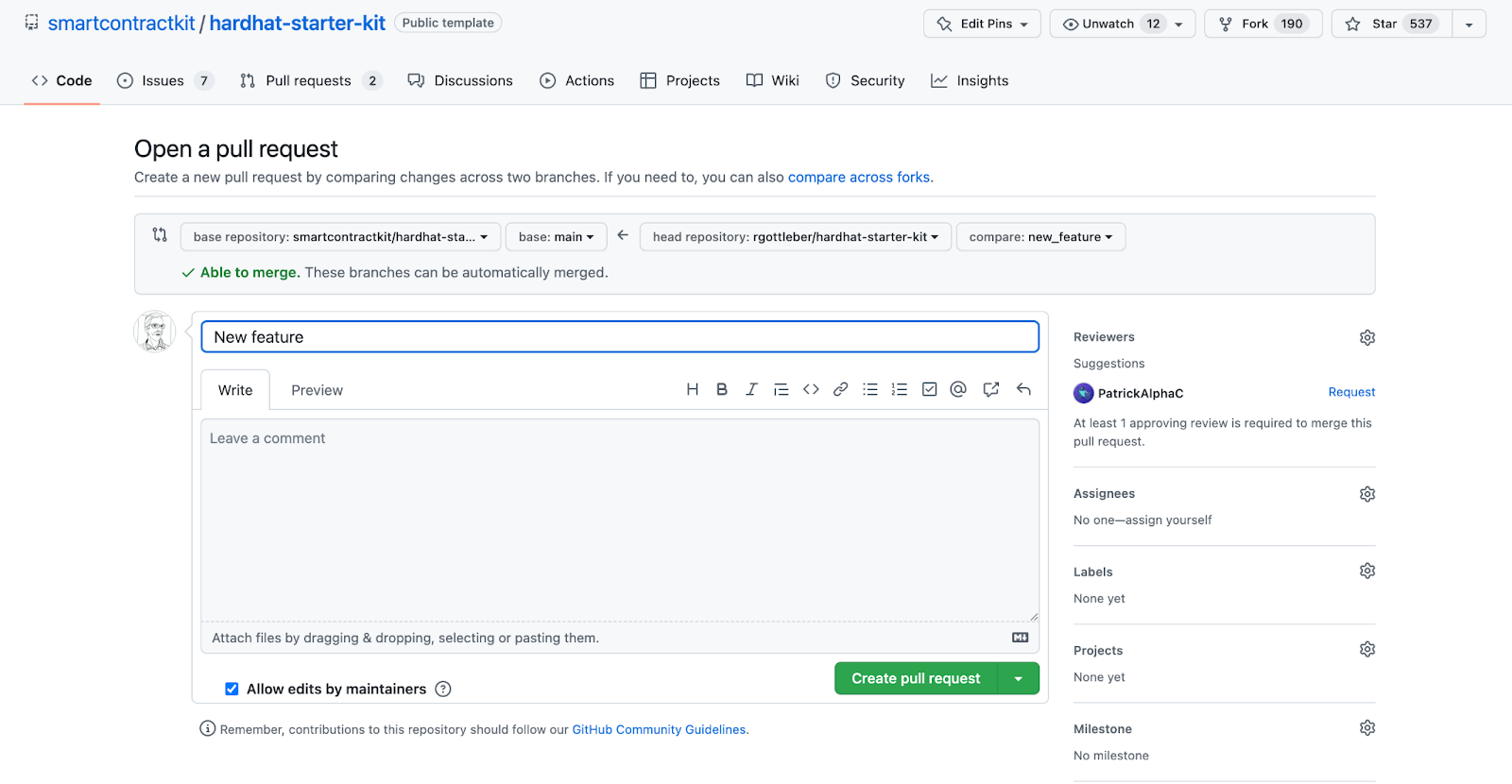 a screenshot of how to create pull requests to change the upstream repository