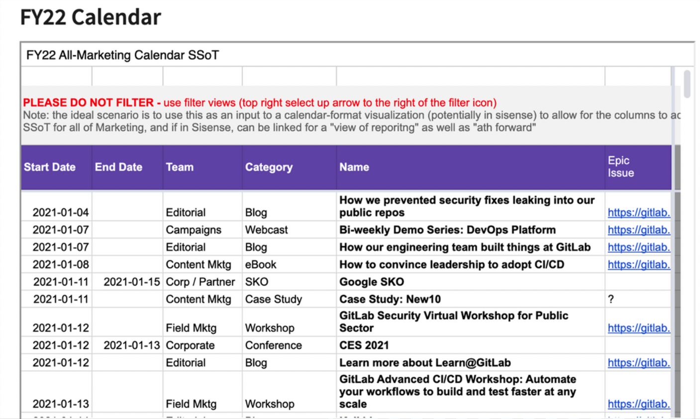 A screenshot of GitLab's Marketing Calendar