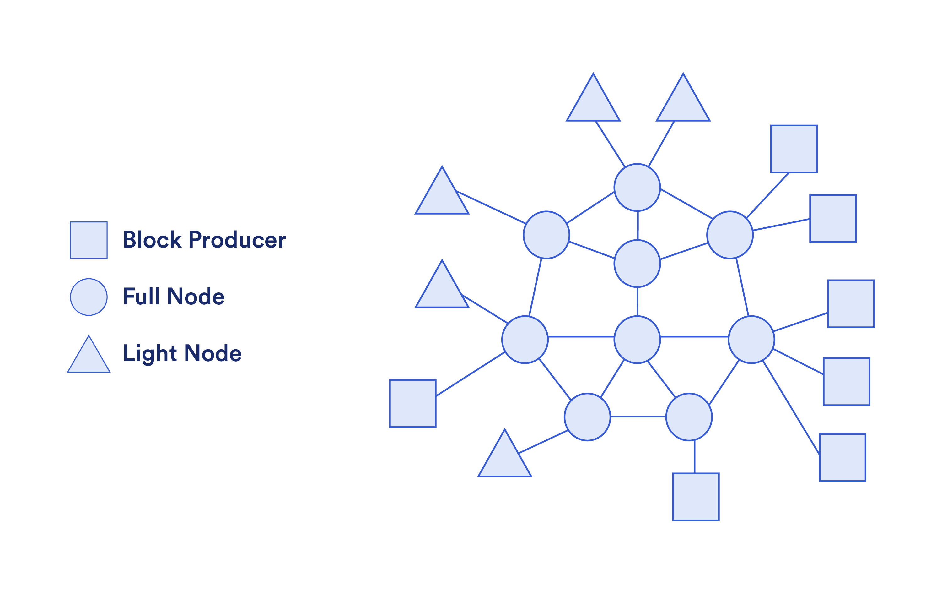 Full nodes, light clients, and block producers in a blockchain network