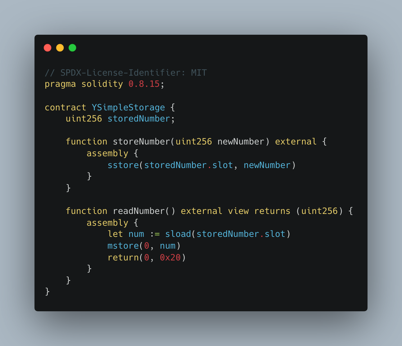 A code snippet of Yul and Solidity combined.