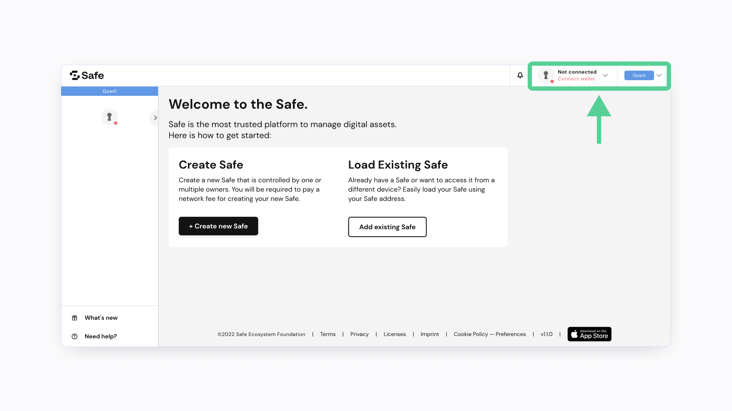 A screenshot of the Safe application that highlights the "Connect wallet" section of the webpage. 