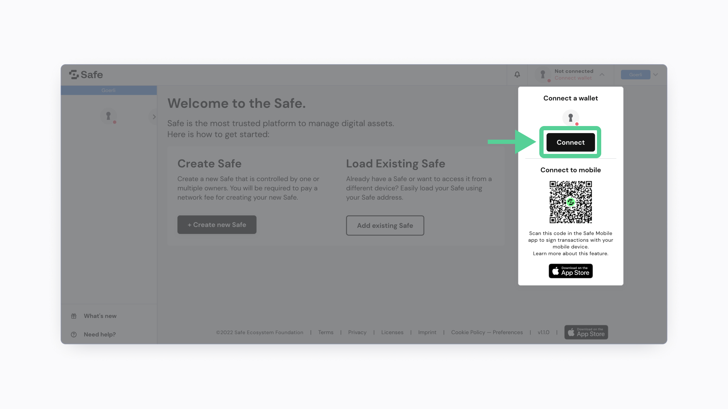 A screenshot of the Safe application showing where to connect wallet.