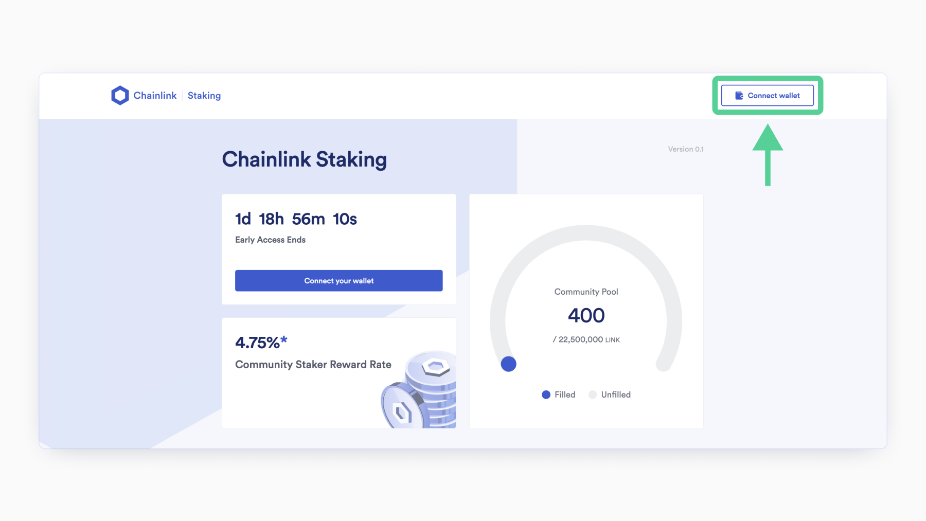 Screenshot of Chainlink Staking Web Page with an arrow pointing to "Connect Wallet"