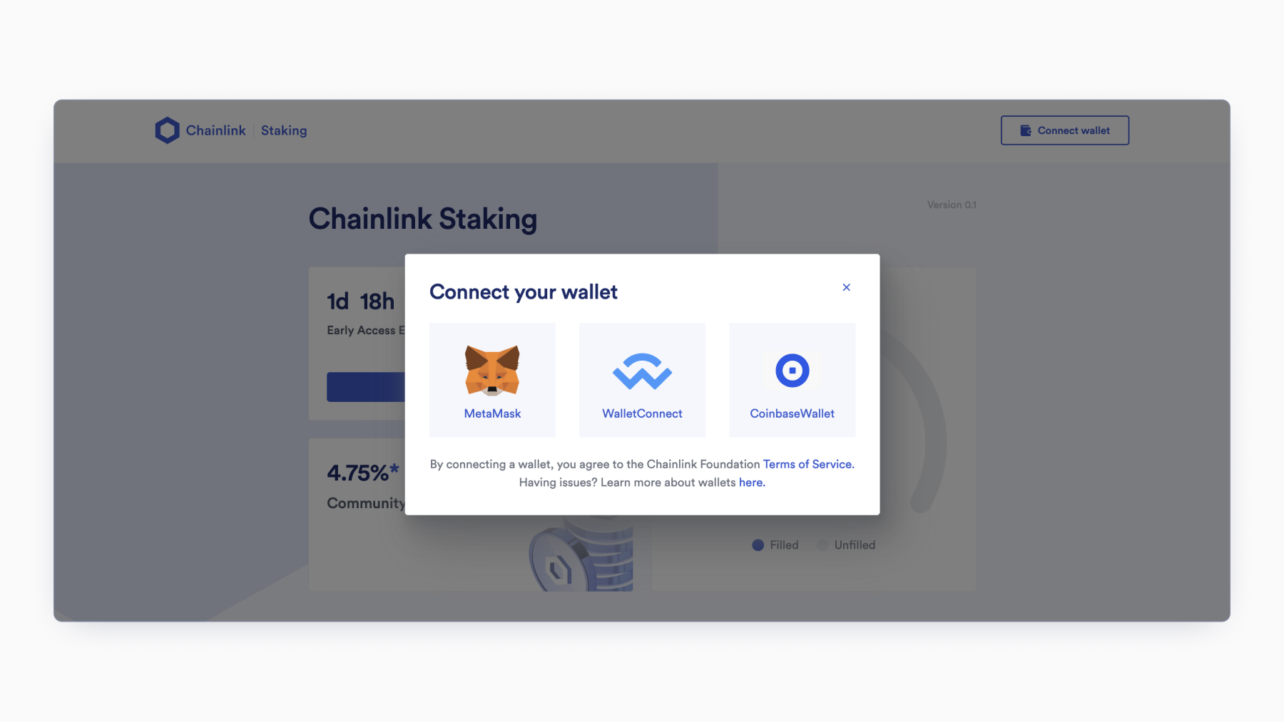 Screenshot of wallet choices when connecting wallet on Chainlink Staking