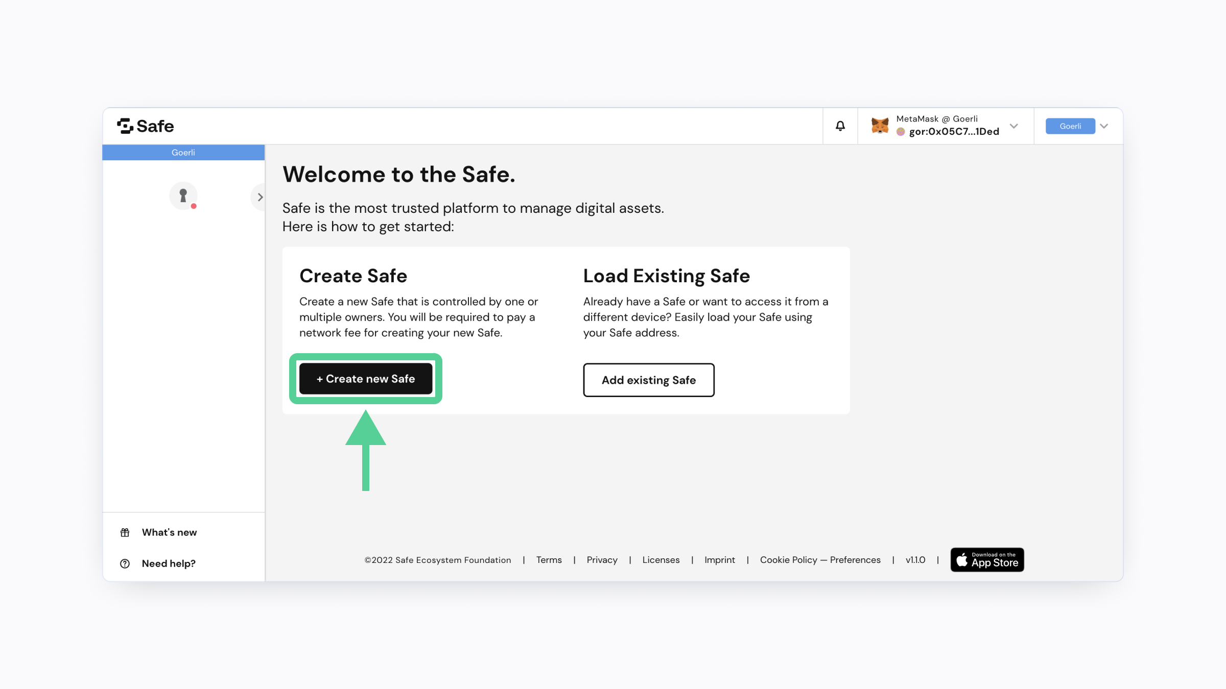A screenshot showing where the "Create new Safe" button is.