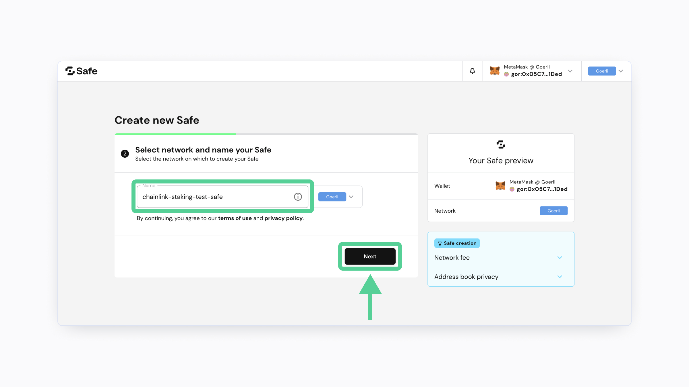 A screenshot highlighting the naming text box and "Next" button.