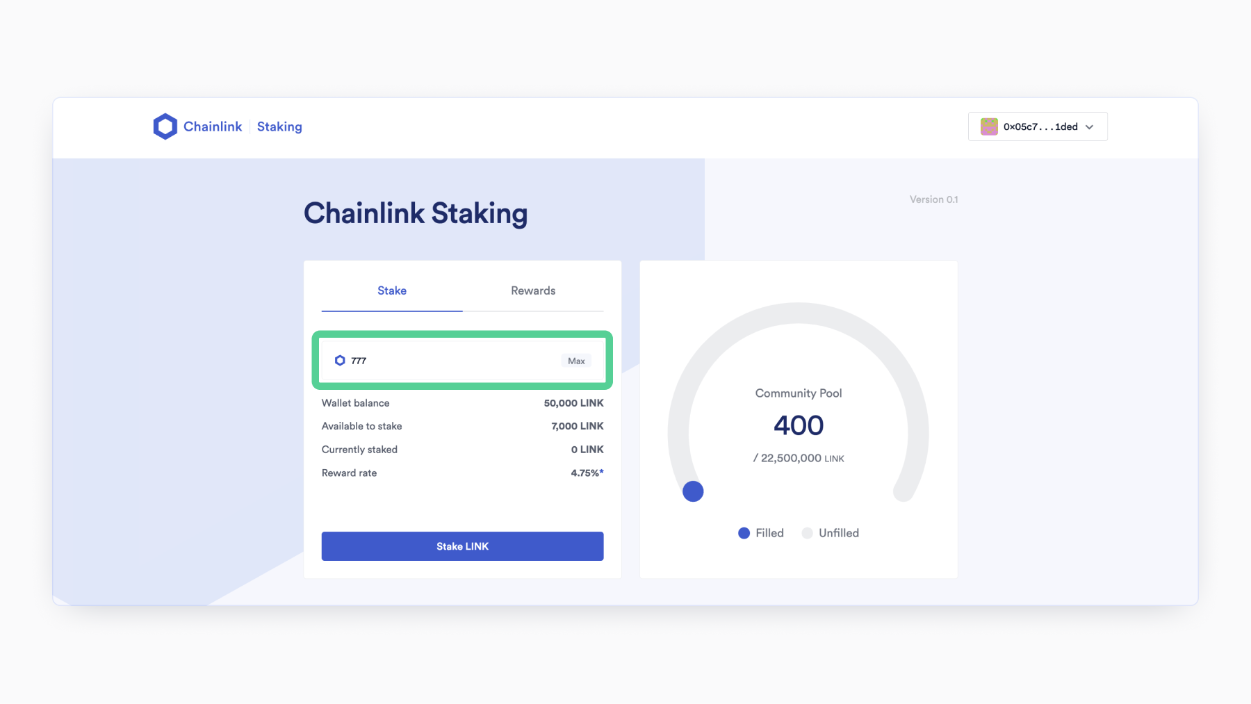 Screenshot of Chainlink Staking webpage with highlighted staking amount