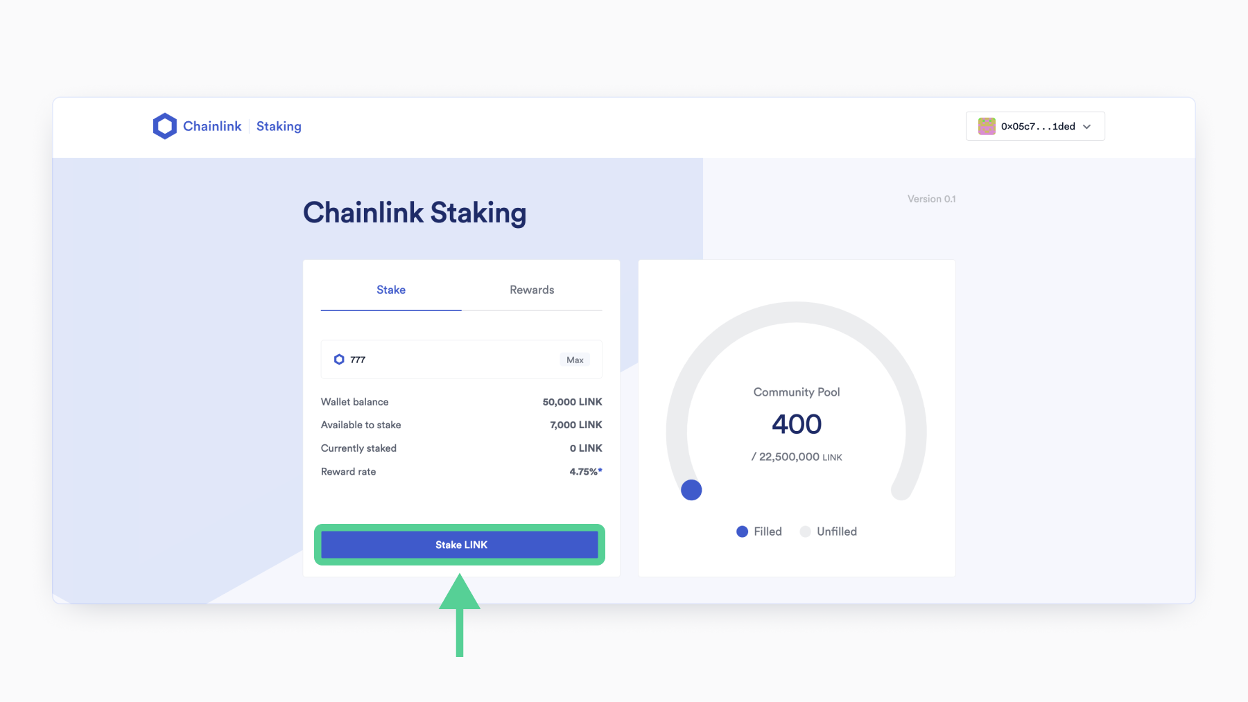 Screenshot of Chainlink Staking webpage showing where to press "Stake LINK"