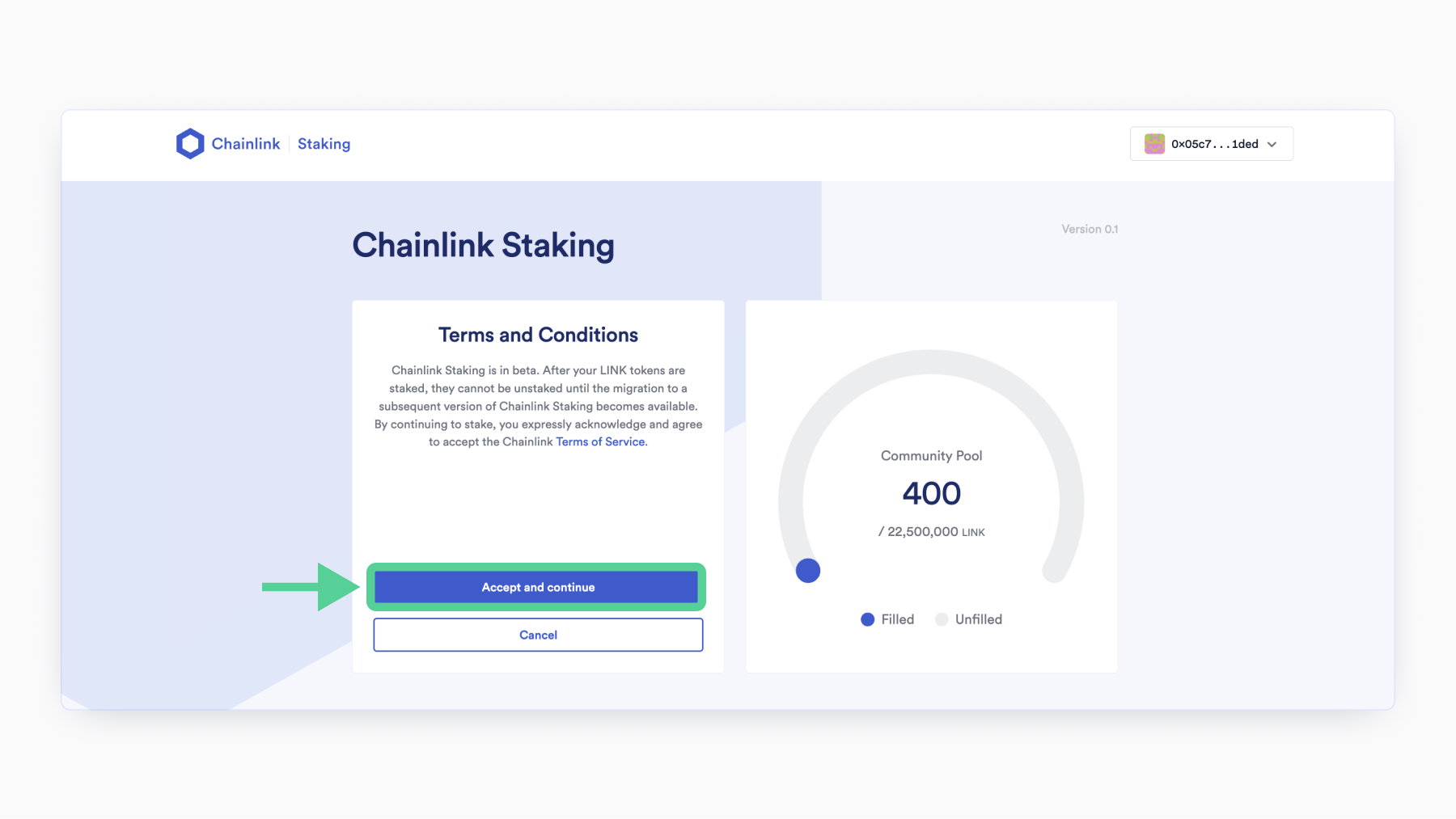Screenshot showing where to press "Accept and continue" button in the Chainlink Staking process.