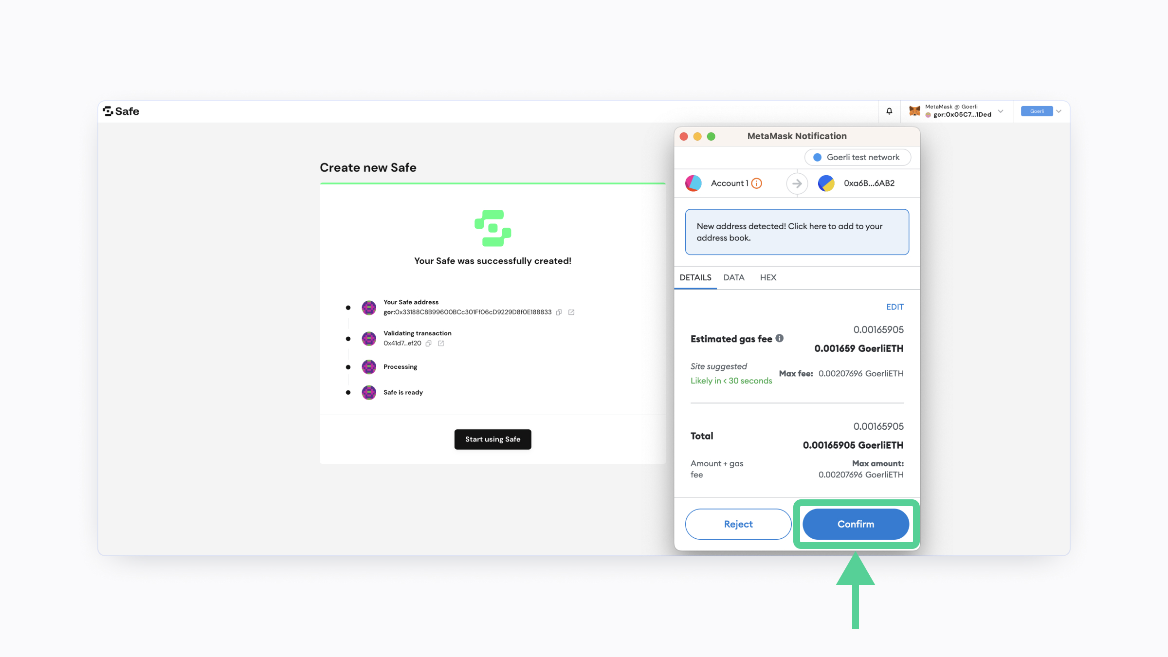 A screenshot showing the next "Confirm" button on MetaMask.
