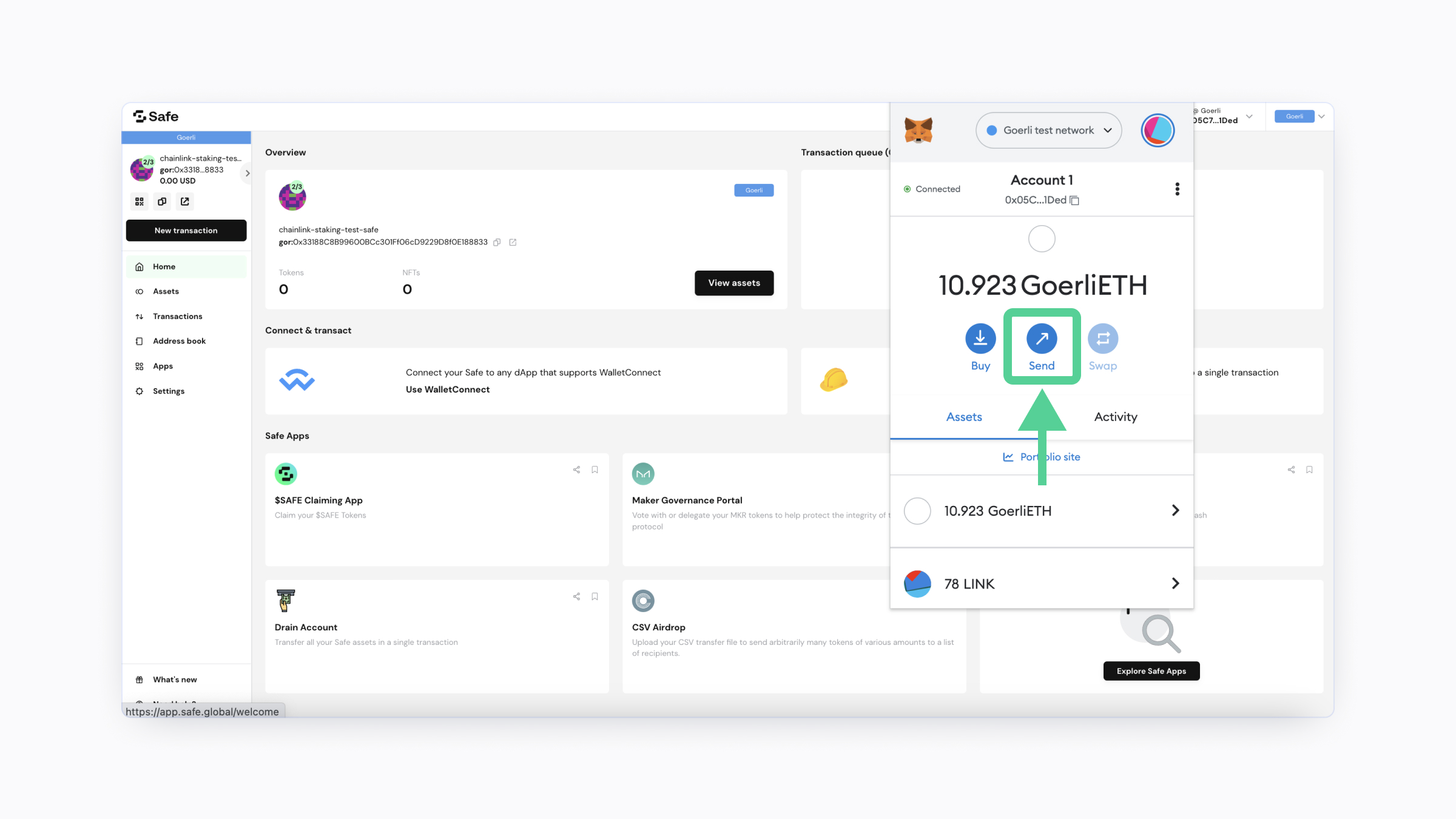 A screenshot highlighting the "Send" button on MetaMask.