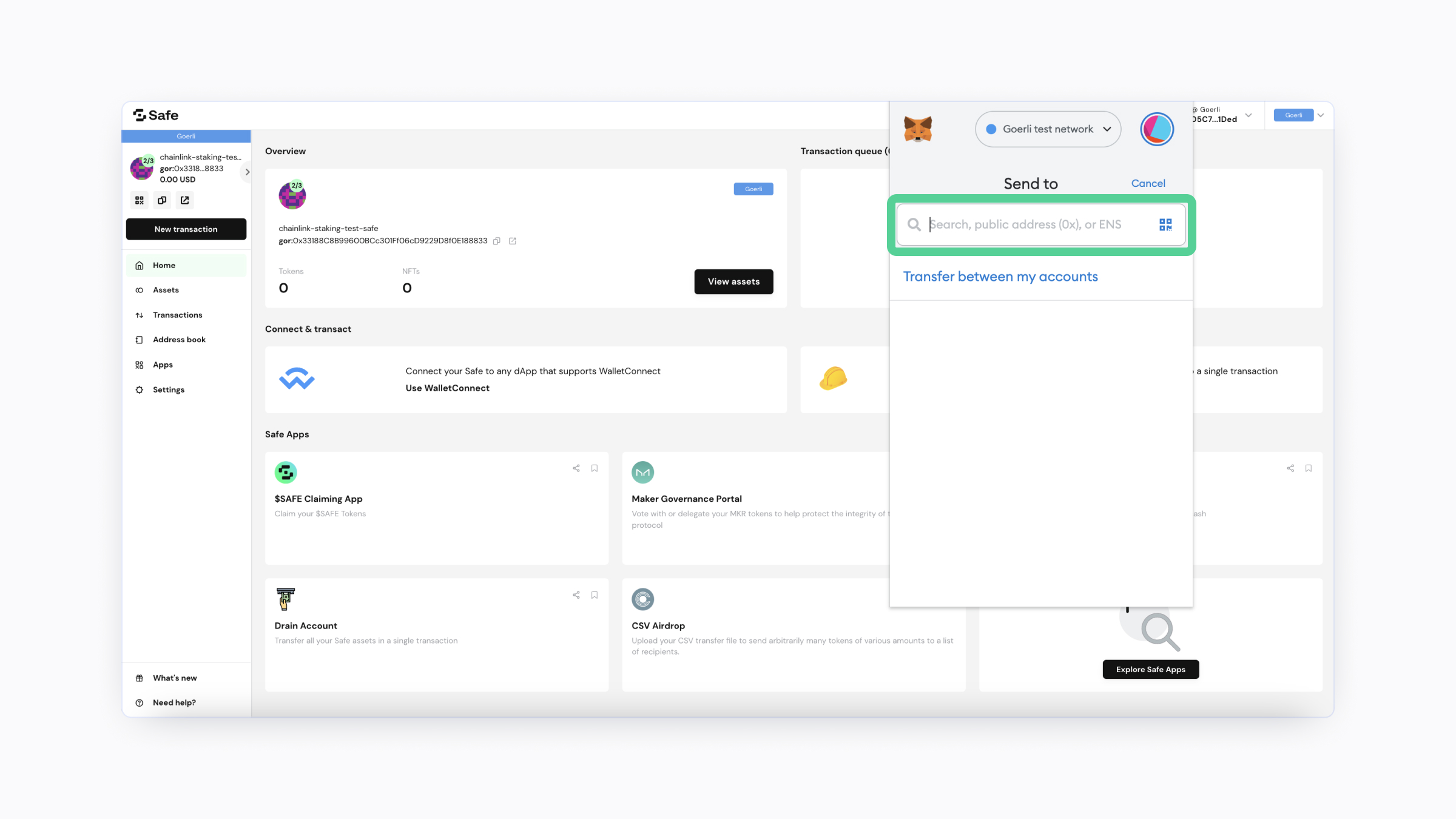 A screenshot highlighting the address input box on MetaMask.