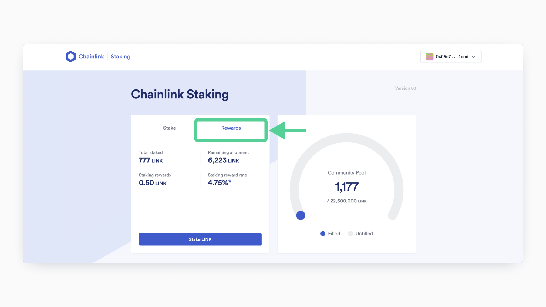 Screenshot of Chainlink Staking rewards tab.