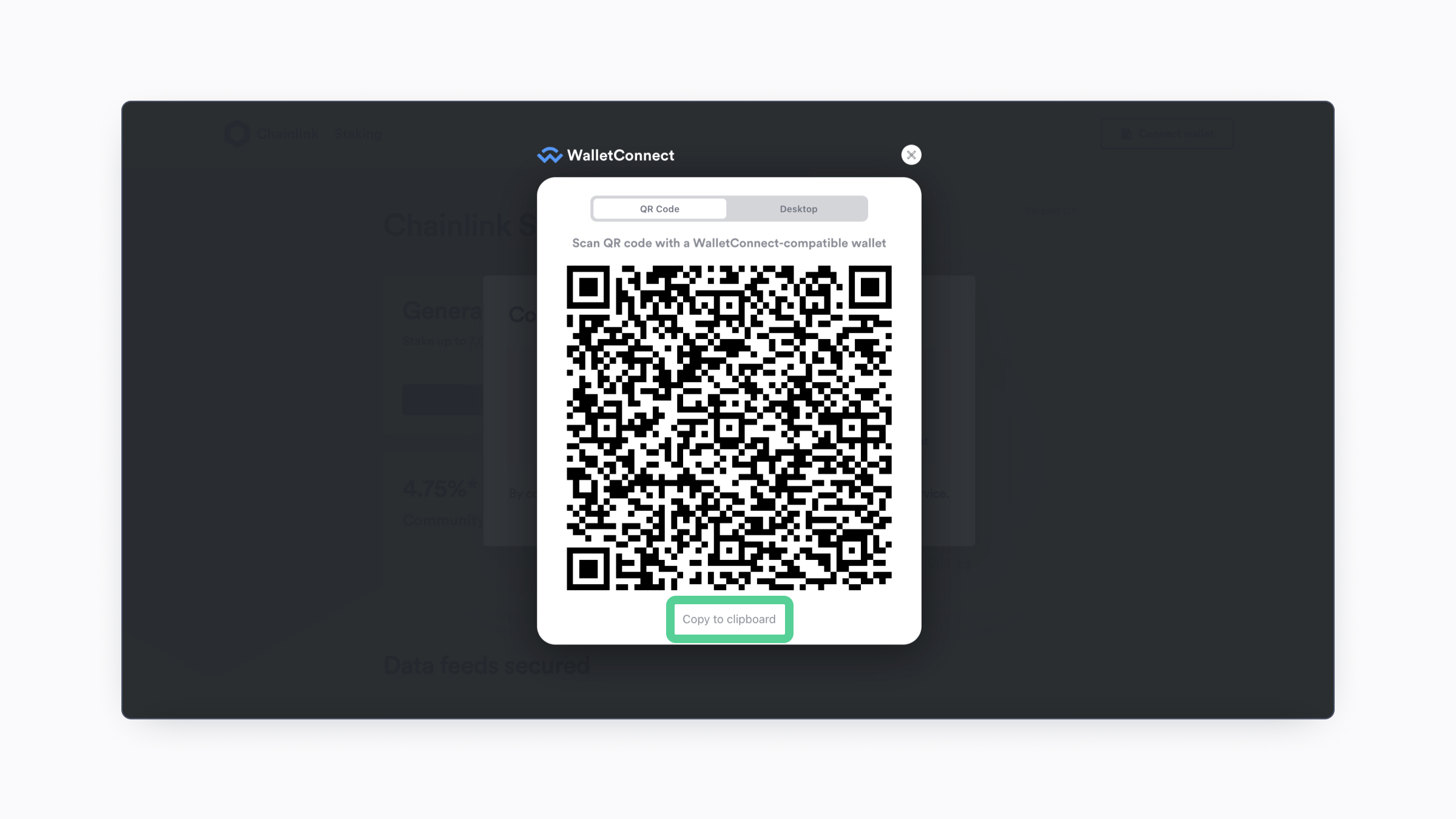 A screenshot of the WalletConnect QR code with "copy to clipboard" highlighted.