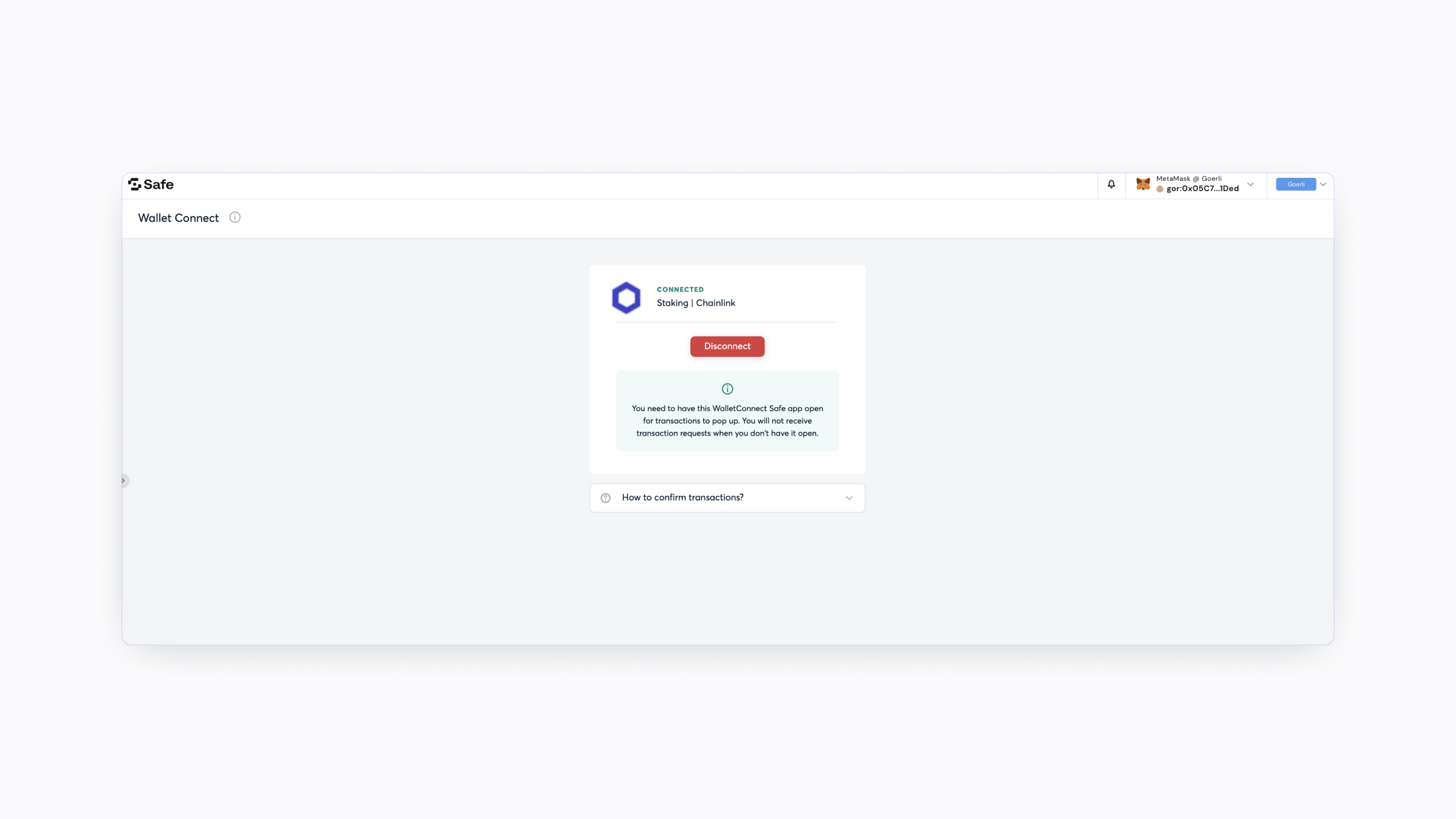 A screenshot showing what it looks like to successfully connect Safe app to the Chainlink Staking application 