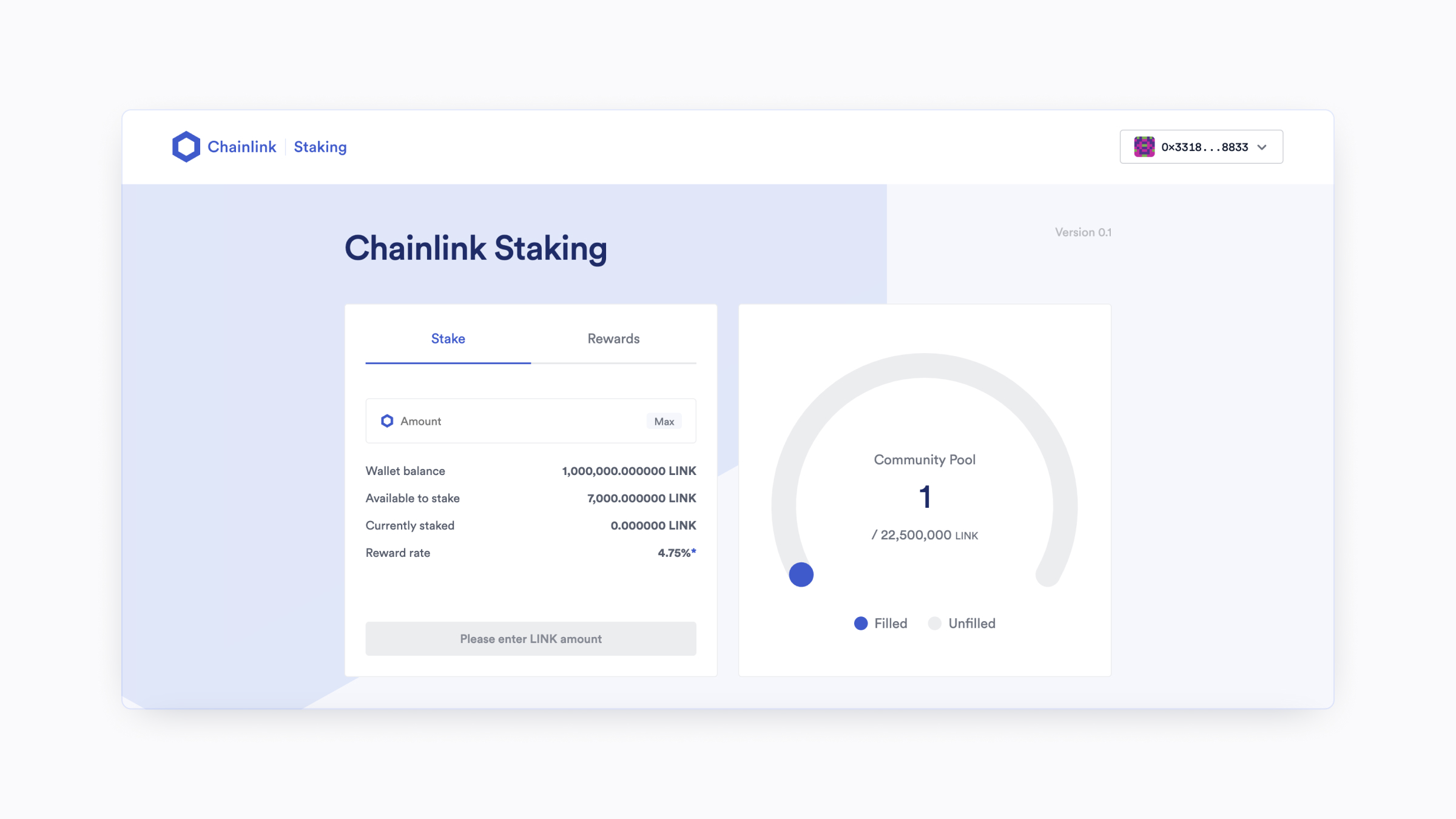 A screenshot of the Chainlink Staking application with a successful wallet connection.