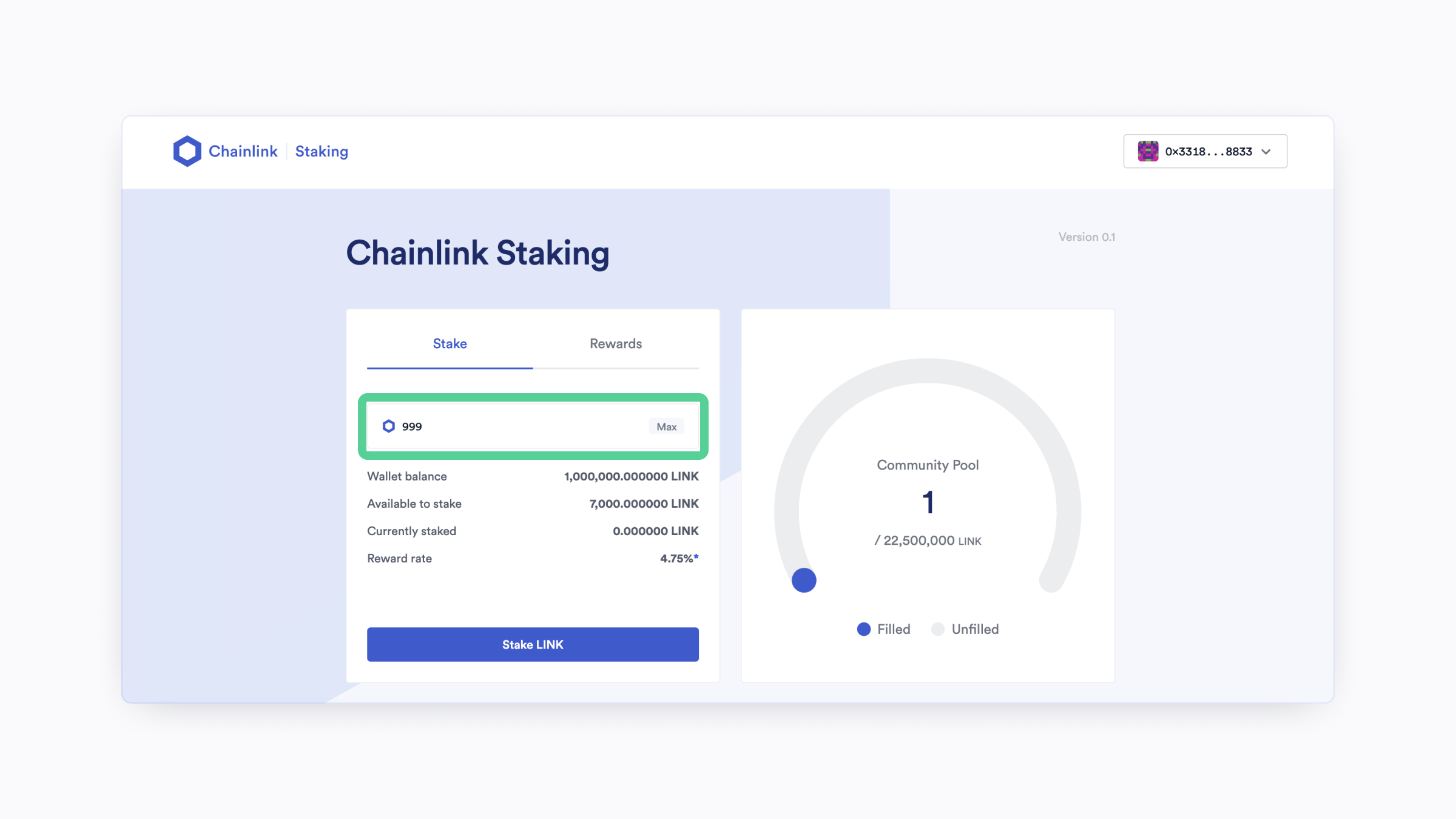A screenshot showing where to input LINK amounts to stake in the Chainlink Staking application.