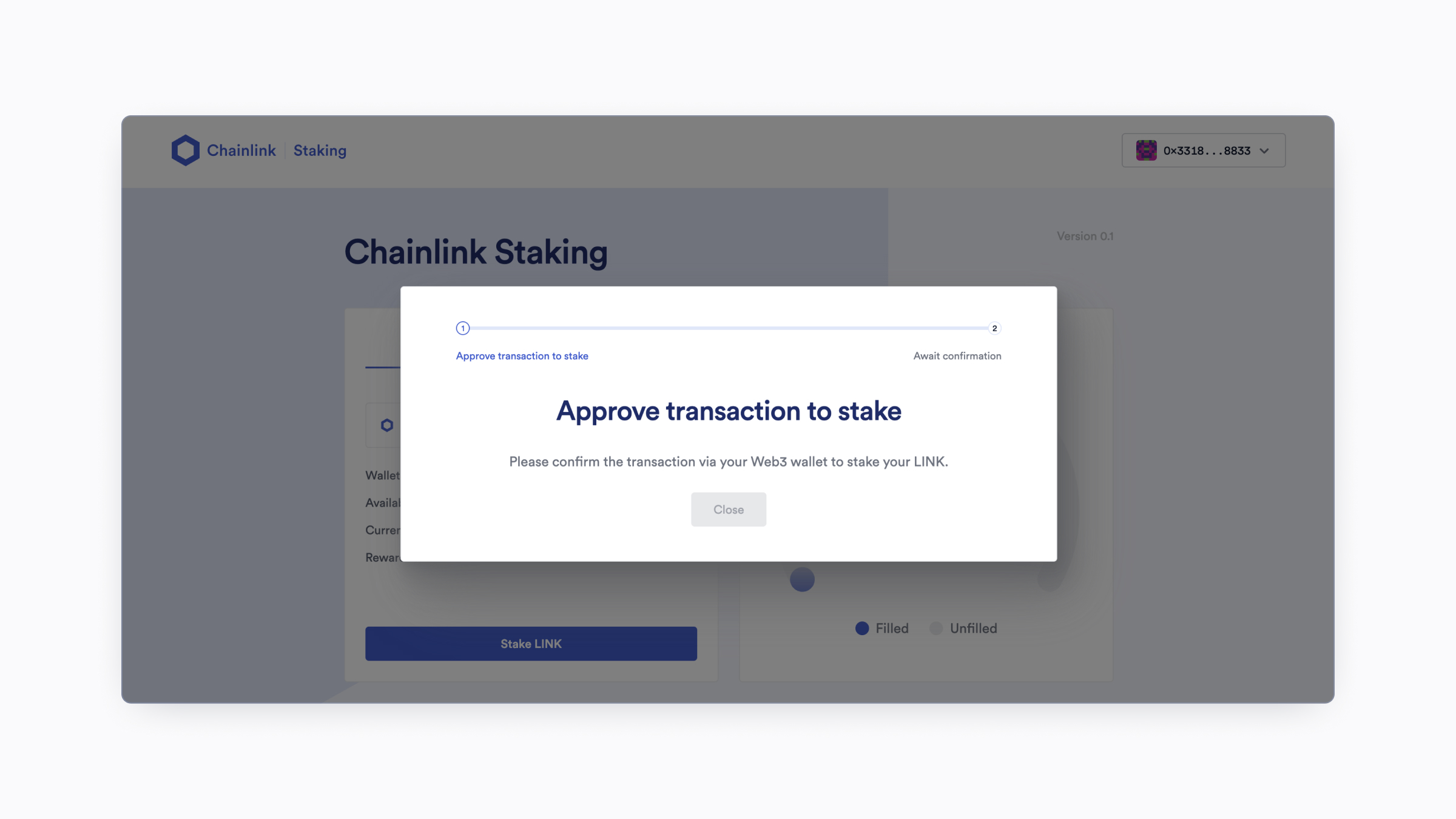Screenshot showing the approve transaction popup on the Chainlink Staking app.