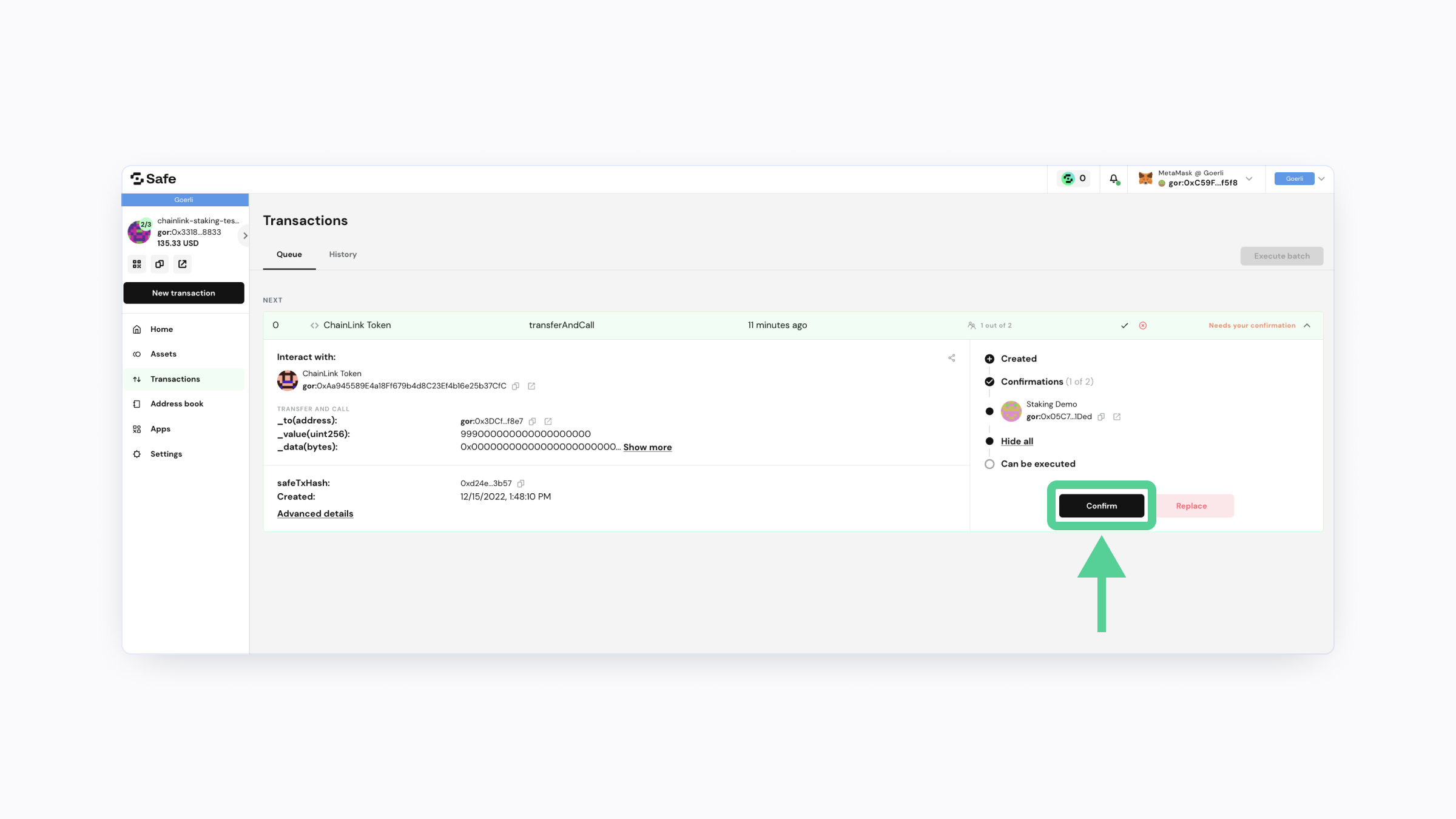 A screenshot highlighting the "Confirm" button on the transaction queue Safe app web page.
