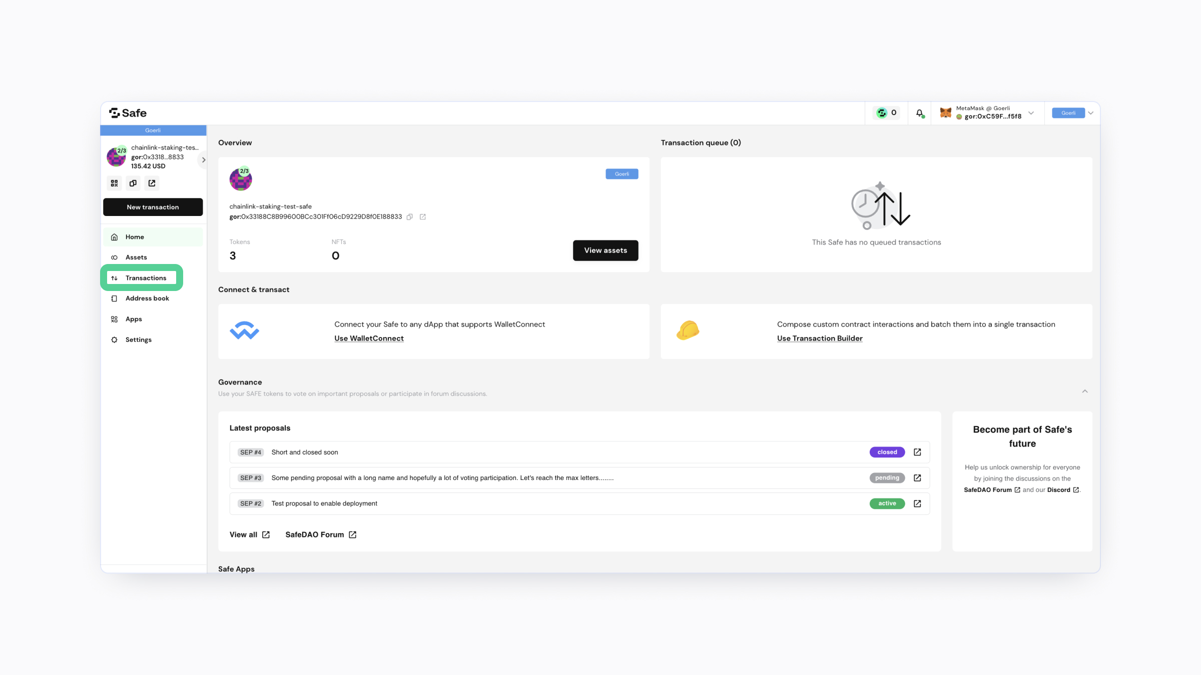 A screenshot showing where the "Transactions" tab is on the Safe app web page.