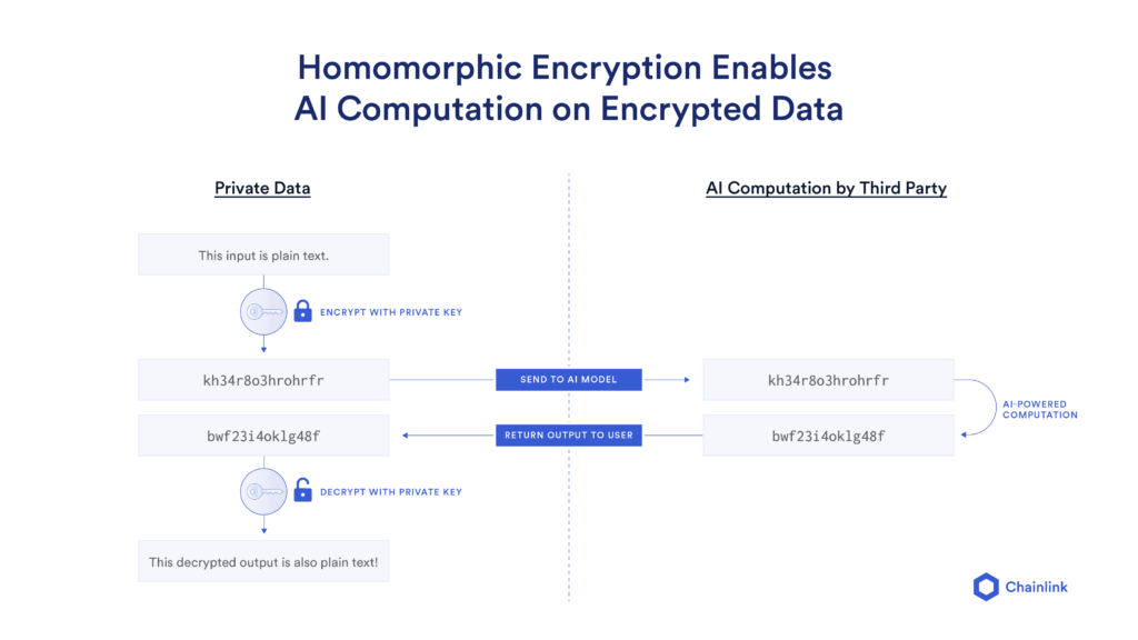 Diagram showing how homomorphic encryption enables encrypted data to be computed using an AI algorithm.