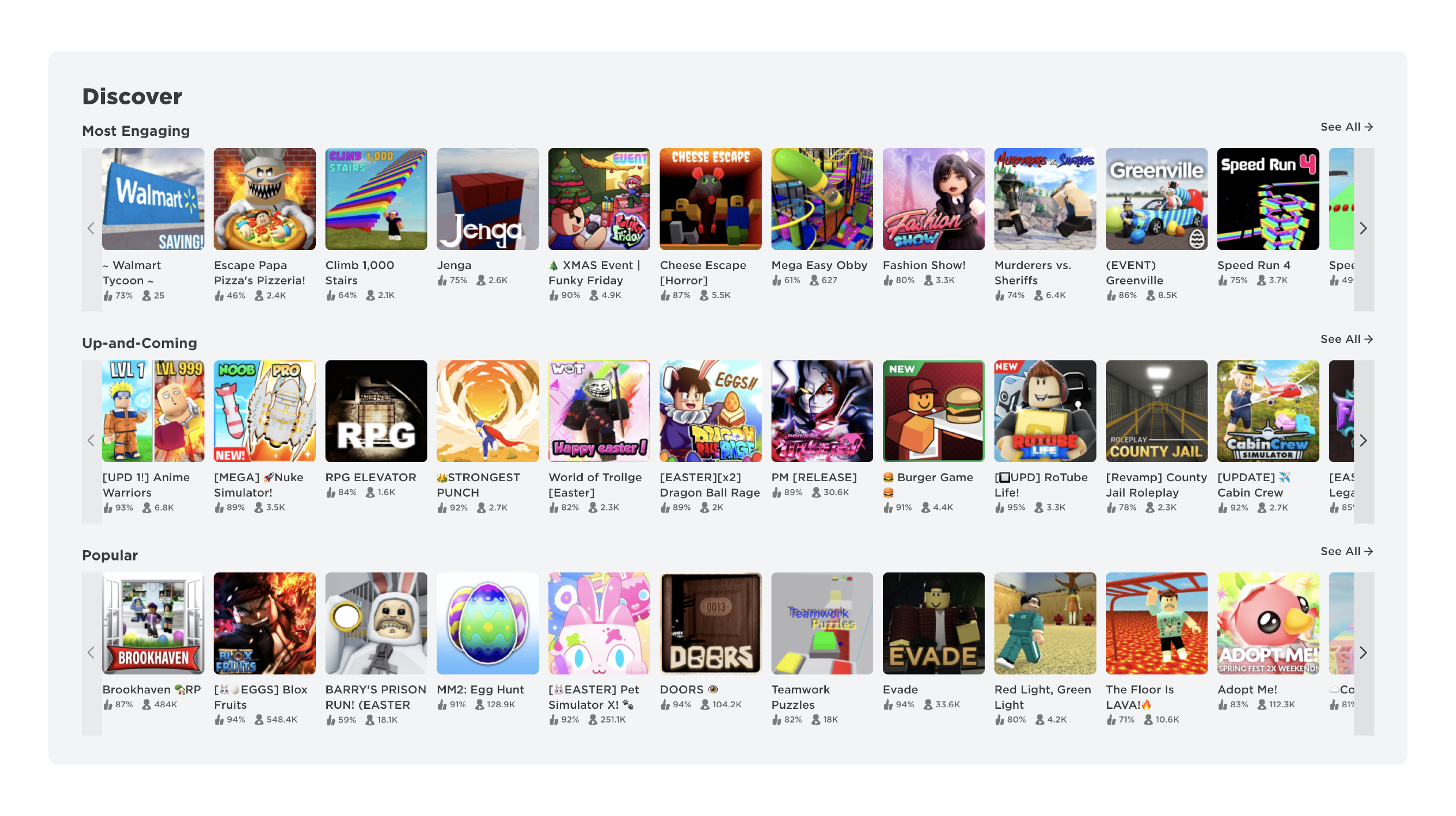A screenshot of Roblox's discover page.