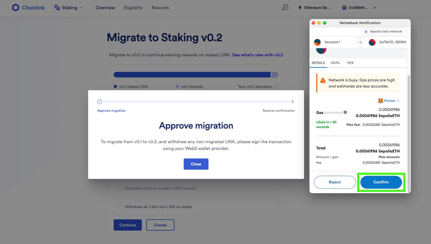 Screenshot of Chainlink Staking UI as part of the migration tutorial. 