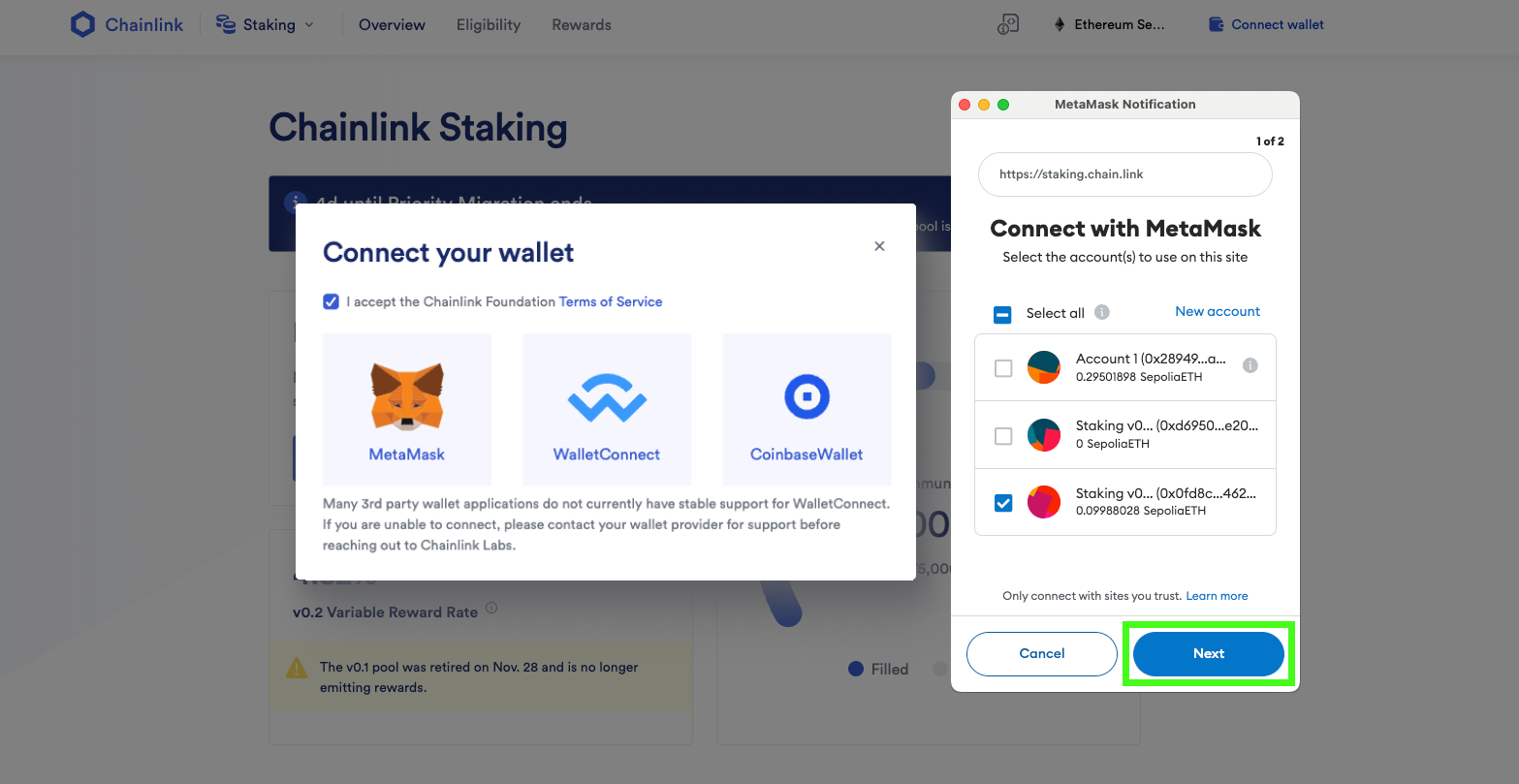 Screenshot of Chainlink Staking UI as part of the migration tutorial. 