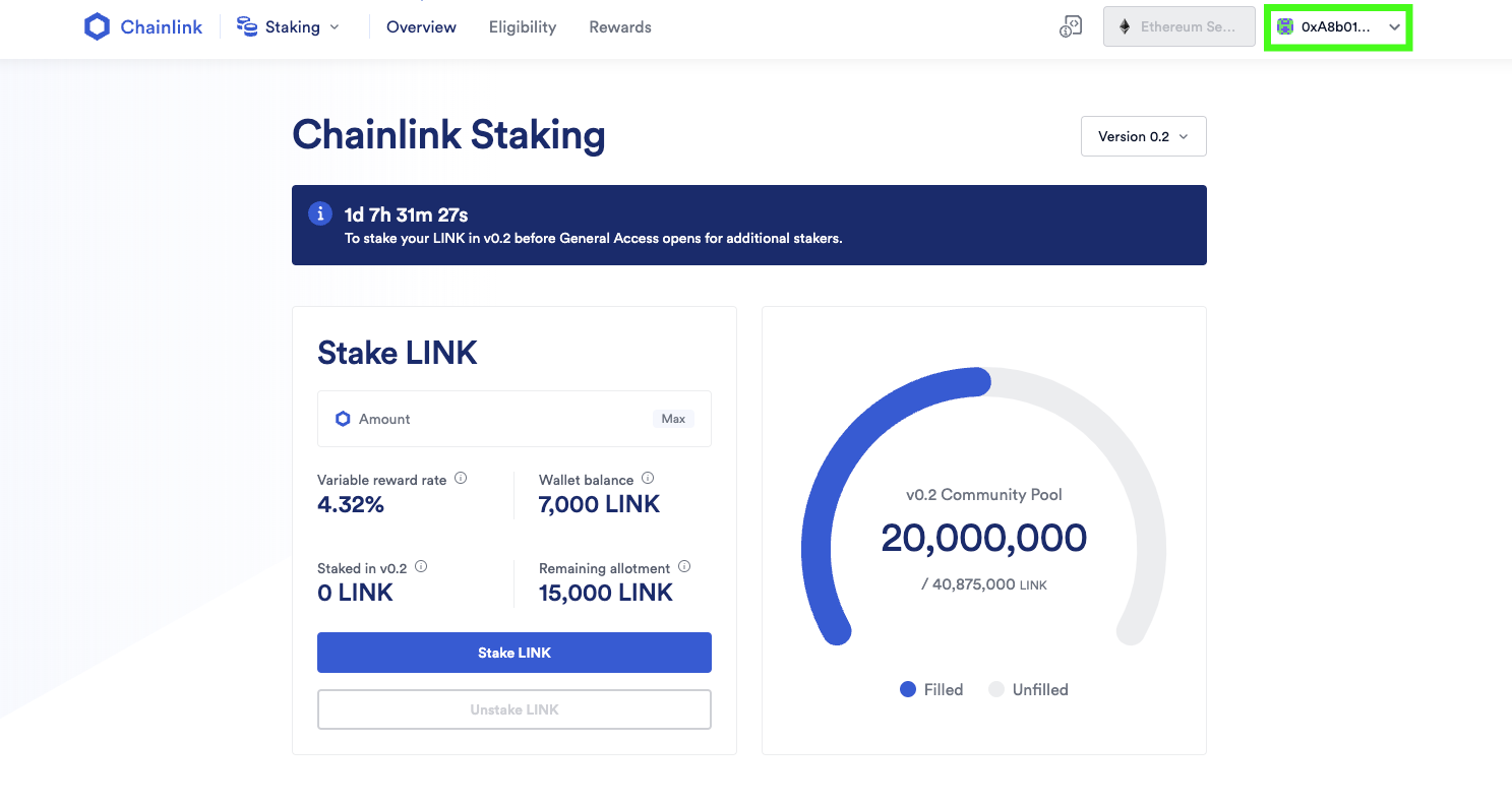 Screenshot of Chainlink Staking UI as part of the Safe wallet staking tutorial. 