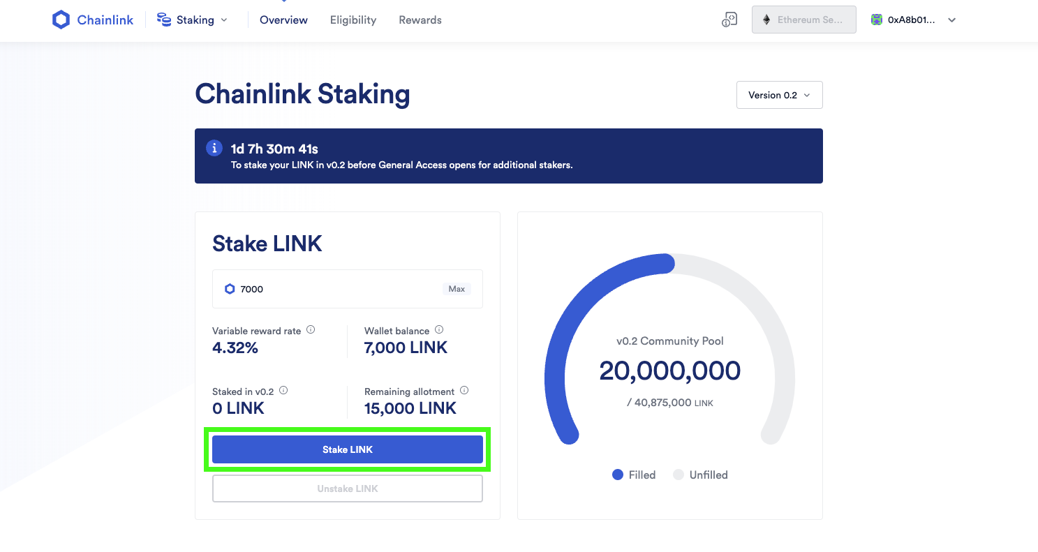 Screenshot of Chainlink Staking UI as part of the Safe wallet staking tutorial. 