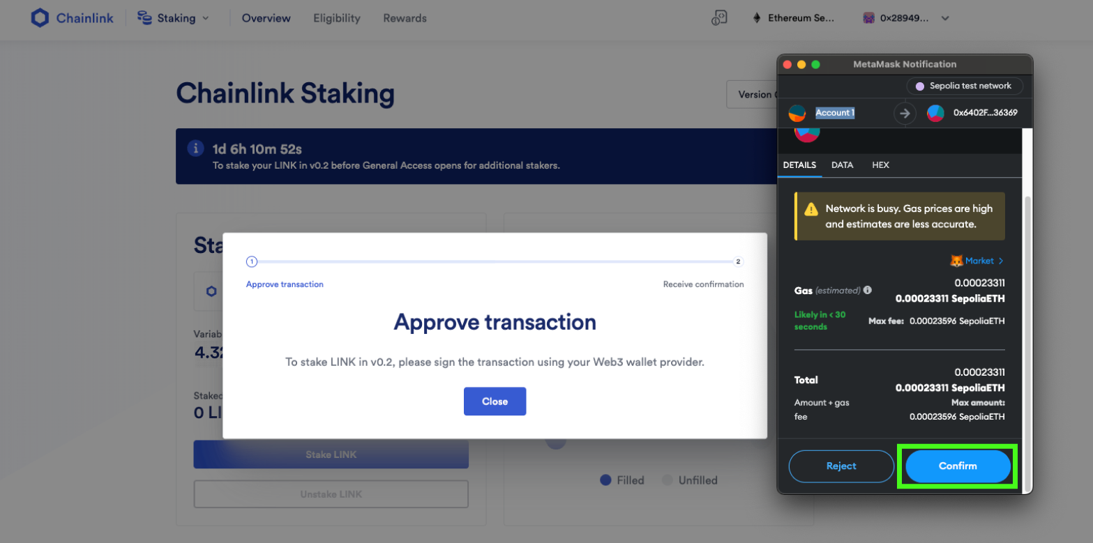Screenshot of Chainlink Staking UI as part of the staking tutorial. 