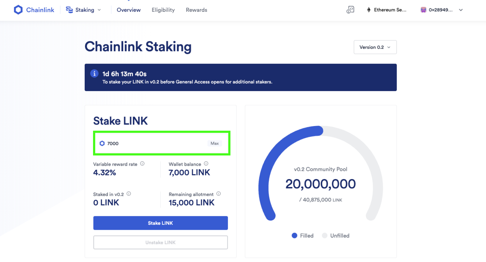 Screenshot of Chainlink Staking UI as part of the staking tutorial. 