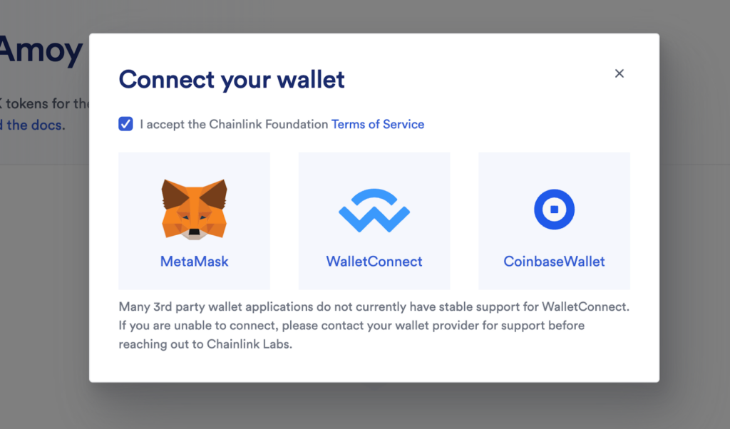 Screenshot of wallet options to connect to the Faucet with.