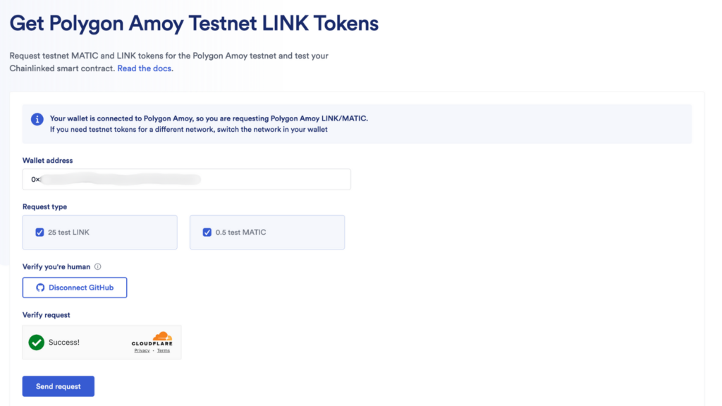 Screenshot of the page to request testnet tokens from.