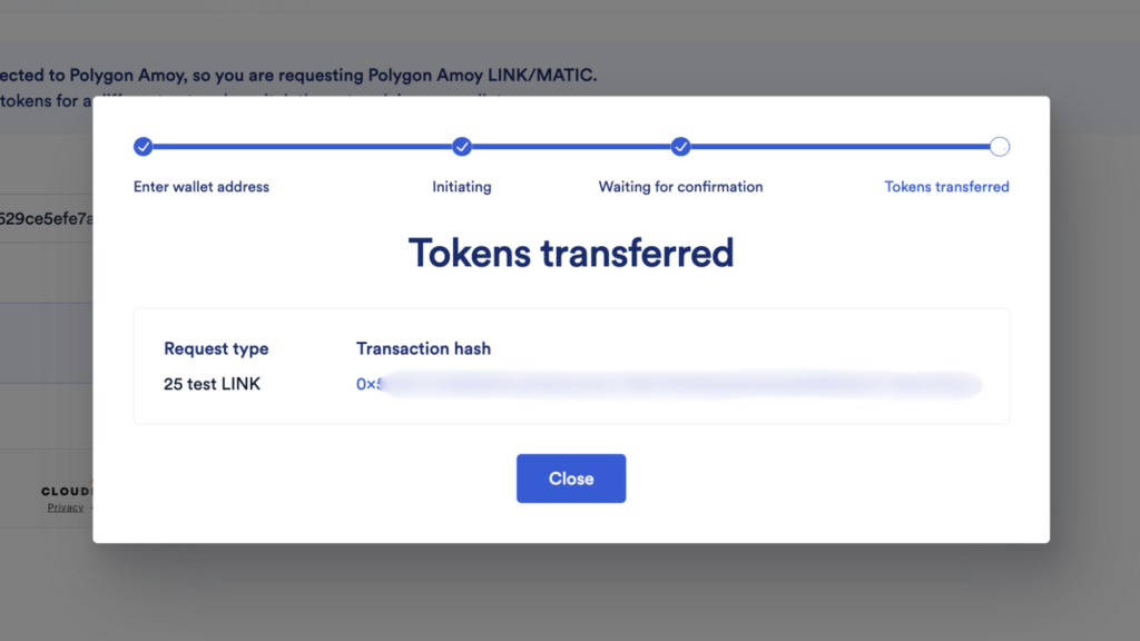 Status update showing tokens have been successfully transferred.
