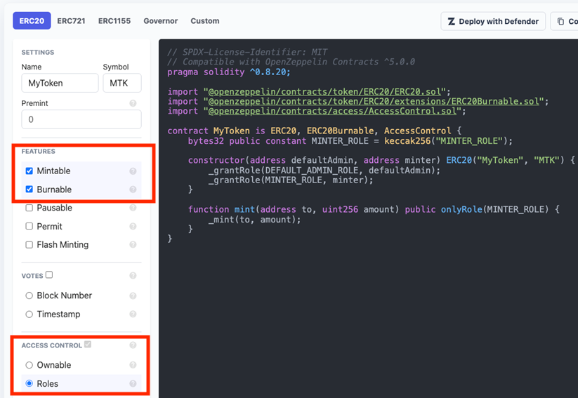 Code example showing burnable and mintable functionality.