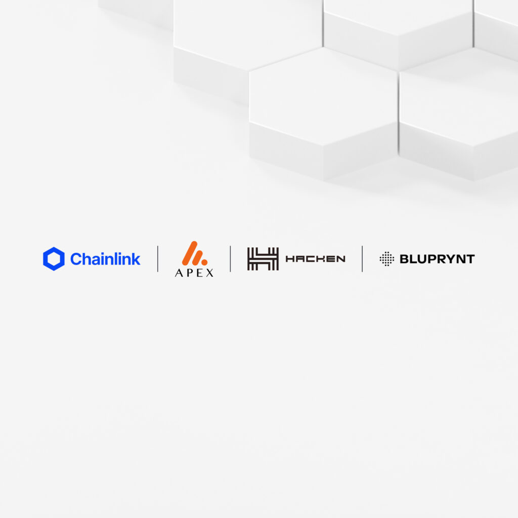 Logos of Chainlink, Apex, Hacken, and bluprynt displayed on a white background with a geometric hexagon pattern.